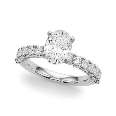 Silver Oval Diamond Pavé Band Solitaire Ring with Four-Prong Setting