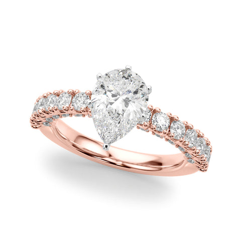 Rose gold Pear Diamond Pavé Band Solitaire Ring with Four-Prong Setting