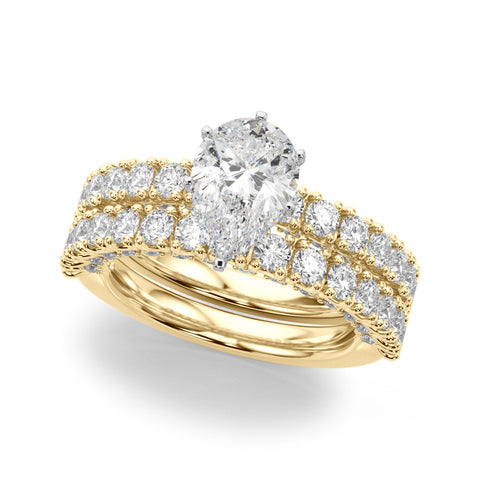 Yellow gold Pear Diamond Pavé Band Solitaire Ring with Four-Prong Setting
