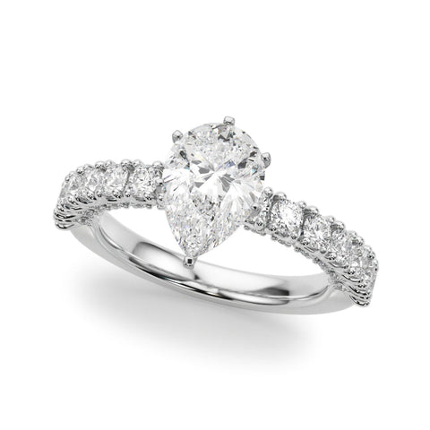 White gold Pear Diamond Pavé Band Solitaire Ring with Four-Prong Setting