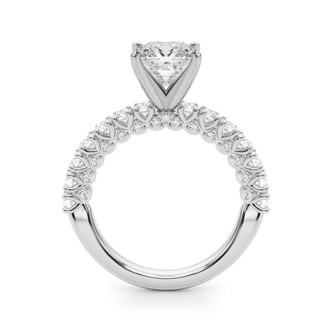 Silver Princess Diamond Pavé Band Solitaire Ring with Four-Prong Setting