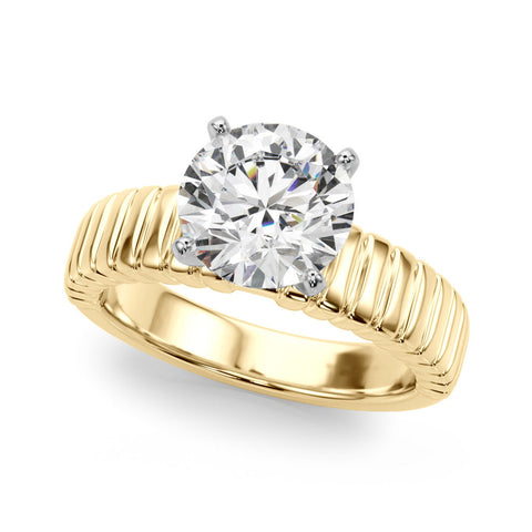 Yellow gold Round Solitaire Ribbed Band with Four-Prong Setting