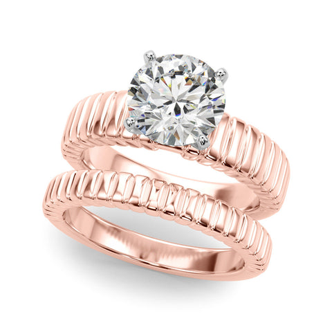 Rose gold Round Solitaire Ribbed Band with Four-Prong Setting