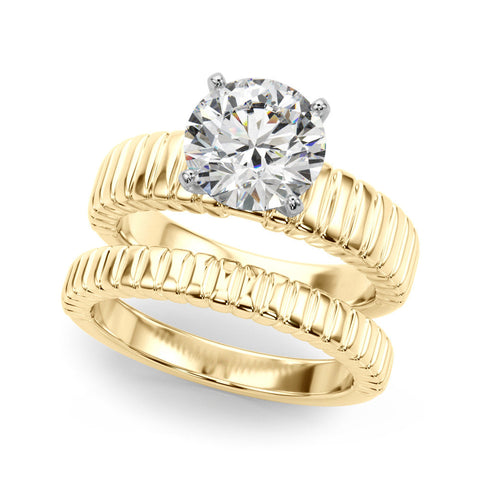 Yellow gold Round Solitaire Ribbed Band with Four-Prong Setting