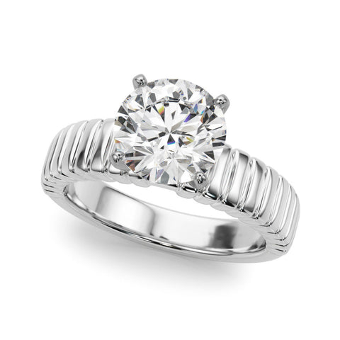 White gold Round Solitaire Ribbed Band with Four-Prong Setting