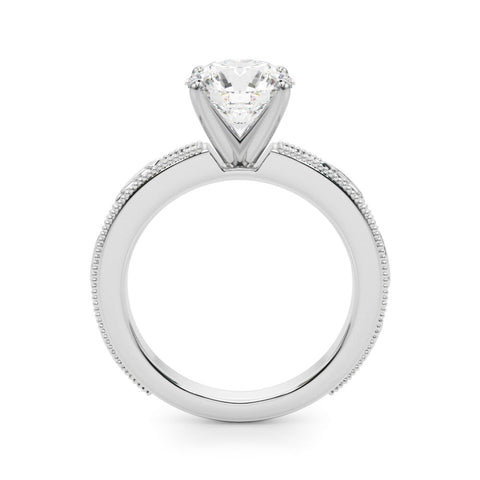 White gold Round Solitaire Milgrain Engagement Ring with Filigree Band and Four-Prong Setting