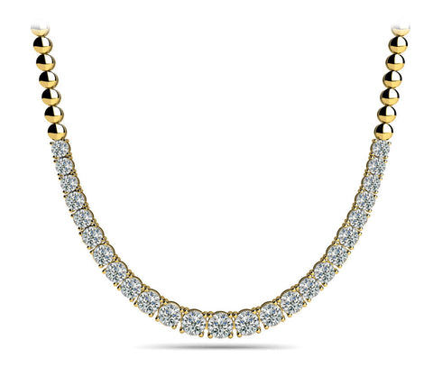 Yellow gold Round Diamond Tennis Necklace with Prong Setting and Bead Chain
