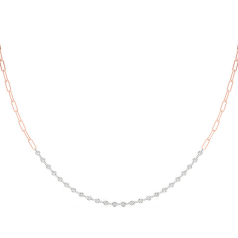 Rose gold Diamond Round Stone Paperclip Chain Necklace with Bezel Setting
