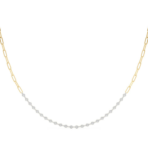 Yellow gold Diamond Round Stone Paperclip Chain Necklace with Bezel Setting