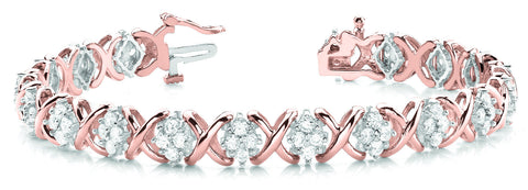 Rose gold Round Cluster Diamond Tennis Bracelet with X-Link Band and Four-Prong Setting