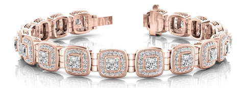 Rose gold Cushion Halo Diamond Tennis Bracelet with Channel Band and Bezel Setting