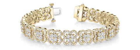 Yellow gold Round Diamond Pavé Flower Motif Tennis Bracelet with Four-Prong Setting