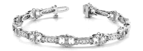 White gold Round Cut Diamond Milgrain Tennis Bracelet with Fleur-de-Lis Prong Setting