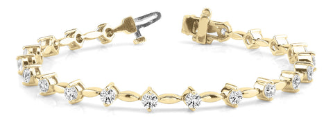 Yellow gold Round Cut Diamond Tennis Bracelet with Bezel Setting and Marquise Link Band