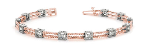 Rose gold Princess Cut Diamond Box Link Tennis Bracelet with Milgrain Prong Setting