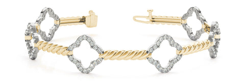 Yellow gold Diamond Pave Clover Twisted Band Bracelet with Prong Setting