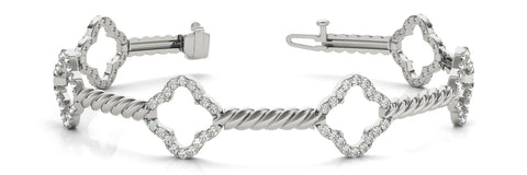 White gold Diamond Pave Clover Twisted Band Bracelet with Prong Setting