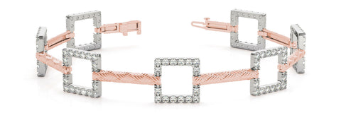 Rose gold Square Diamond Pavé Link Bracelet with Textured Band and Four-Prong Setting