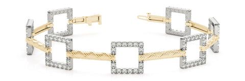 Yellow gold Square Diamond Pavé Link Bracelet with Textured Band and Four-Prong Setting