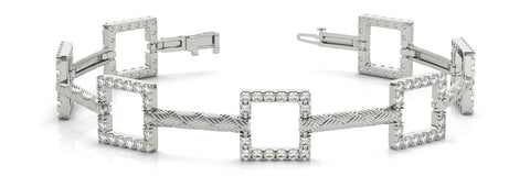 White gold Square Diamond Pavé Link Bracelet with Textured Band and Four-Prong Setting