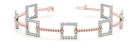 Rose gold Square Diamond Pavé Link Bracelet with Beaded Band and Four-Prong Setting