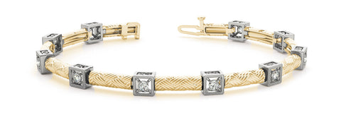 Yellow gold Square Box Diamond Bracelet with Round Cut Stones and Braided Band