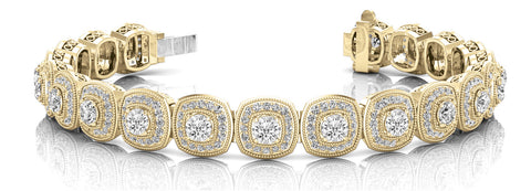 Yellow gold Cushion Halo Diamond Tennis Bracelet with Pave Setting