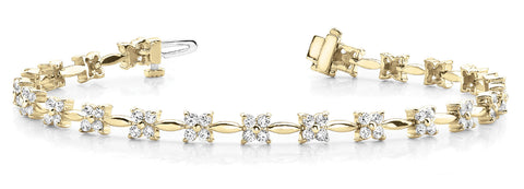 Yellow gold Round Diamond Tennis Bracelet with Flower Cluster Setting and Four-Prong Design