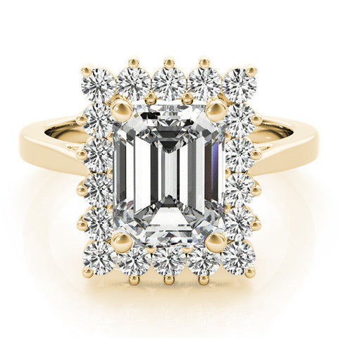 Yellow gold Cushion Cut Diamond Halo Ring with Round Brilliant Halo and Solitaire Band