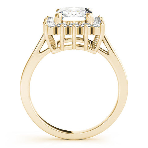 Yellow gold Emerald Cut Diamond Halo Ring with Round Brilliant Halo and Solitaire Band