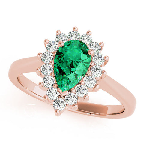 Rose gold Prong-Set Pear-Cut Emerald with Diamond Halo and White Gold Band