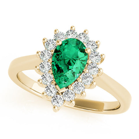 Yellow gold Prong-Set Pear-Cut Emerald with Diamond Halo and White Gold Band