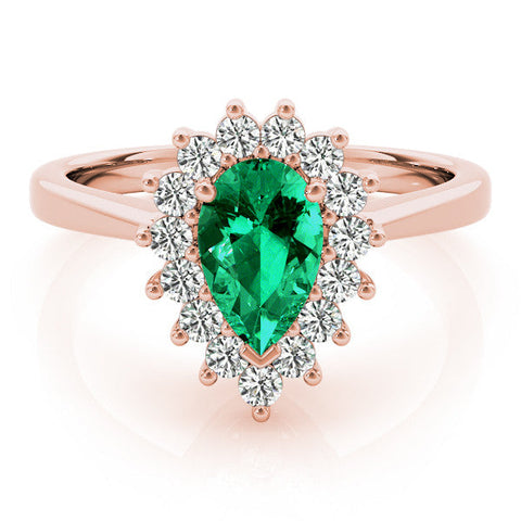 Rose gold Prong-Set Pear-Cut Emerald with Diamond Halo and White Gold Band