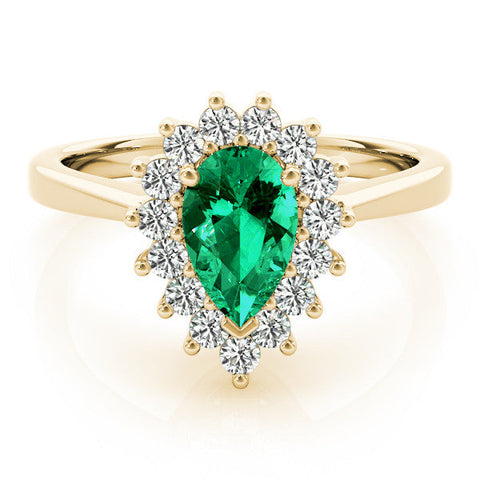 Yellow gold Prong-Set Pear-Cut Emerald with Diamond Halo and White Gold Band