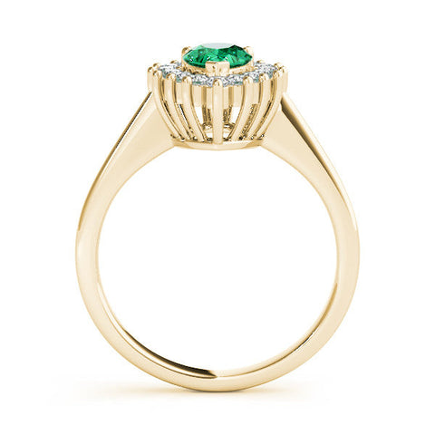 Yellow gold Prong-Set Pear-Cut Emerald with Diamond Halo and White Gold Band