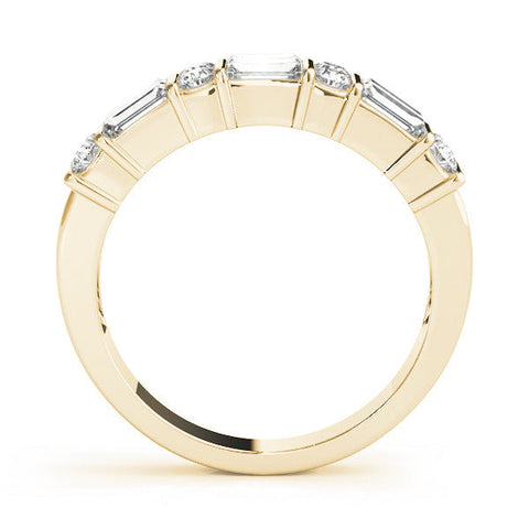 Yellow gold Channel Set Baguette and Round Diamond Band with Bar Prongs