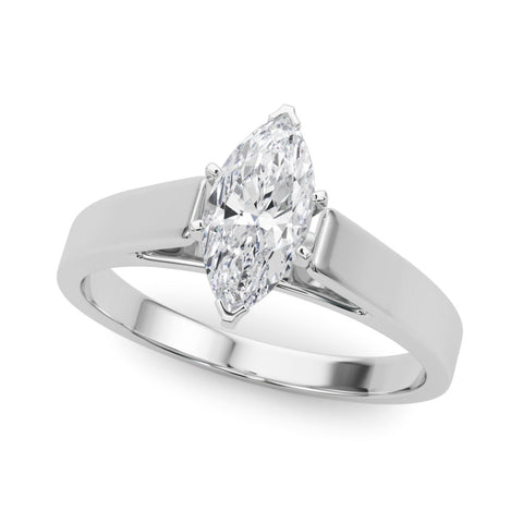 Silver Marquise Solitaire Engagement Ring with Four-Prong Setting and Tapered Band