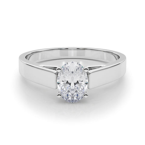 Silver Oval Solitaire Engagement Ring with Four-Prong Setting and Tapered Band