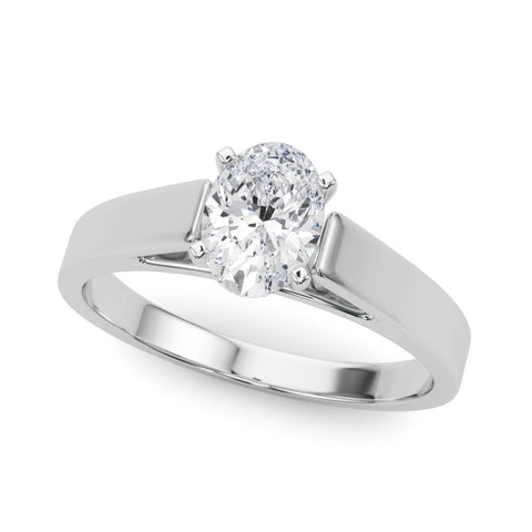 Silver Oval Solitaire Engagement Ring with Four-Prong Setting and Tapered Band