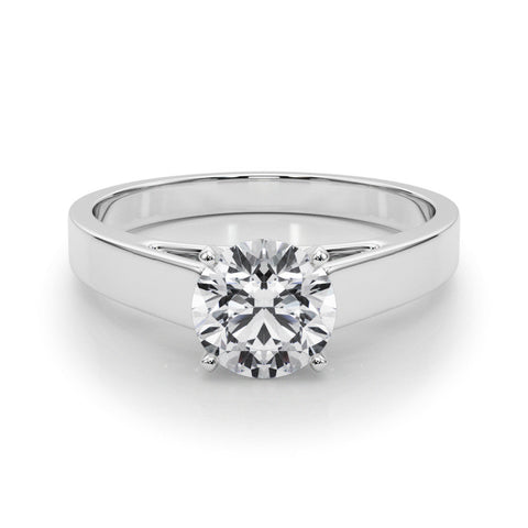 Silver Round Solitaire Engagement Ring with Four-Prong Setting and Tapered Band