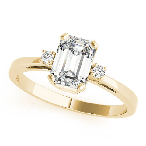 Yellow gold Cushion Cut Three-Stone Solitaire Ring with Round Accent Diamonds and Four-Prong Setting