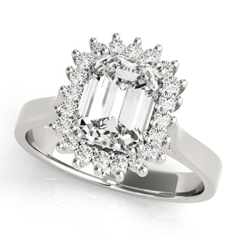 Platinum Emerald Cut Diamond Halo Ring with Solitaire Band and Prong Setting