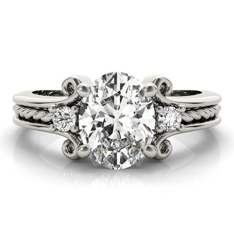 Platinum Oval Cut Diamond Ring with Scrollwork Band and Prong Setting
