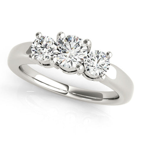 Platinum Three-Stone Round Cut Solitaire Ring with Cathedral Band and Four-Prong Setting