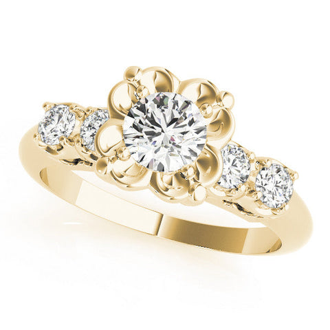 Yellow gold Oval Cut Diamond Floral Halo Engagement Ring with Shared Prong Setting
