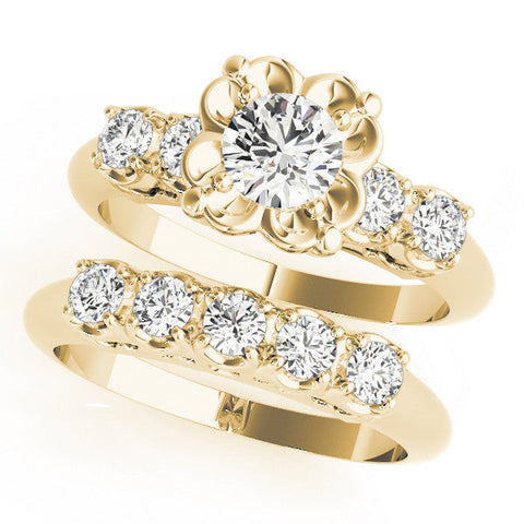 Yellow gold Round Cut Diamond Floral Halo Engagement Ring with Shared Prong Setting