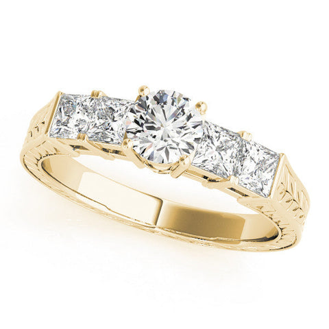 Yellow gold Round Solitaire Princess Side Stone Engraved Band Prong Setting Ring