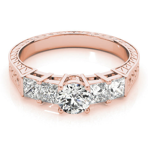 Rose gold Round Solitaire Princess Side Stone Engraved Band Prong Setting Ring