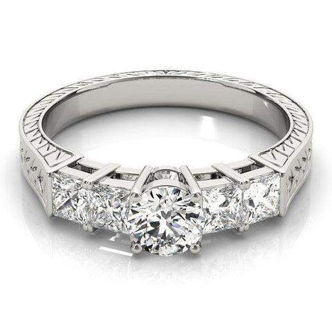 White gold Round Solitaire Princess Side Stone Engraved Band Prong Setting Ring