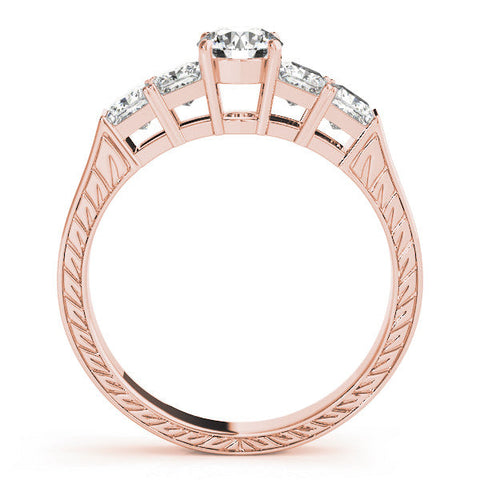 Rose gold Round Solitaire Princess Side Stone Engraved Band Prong Setting Ring